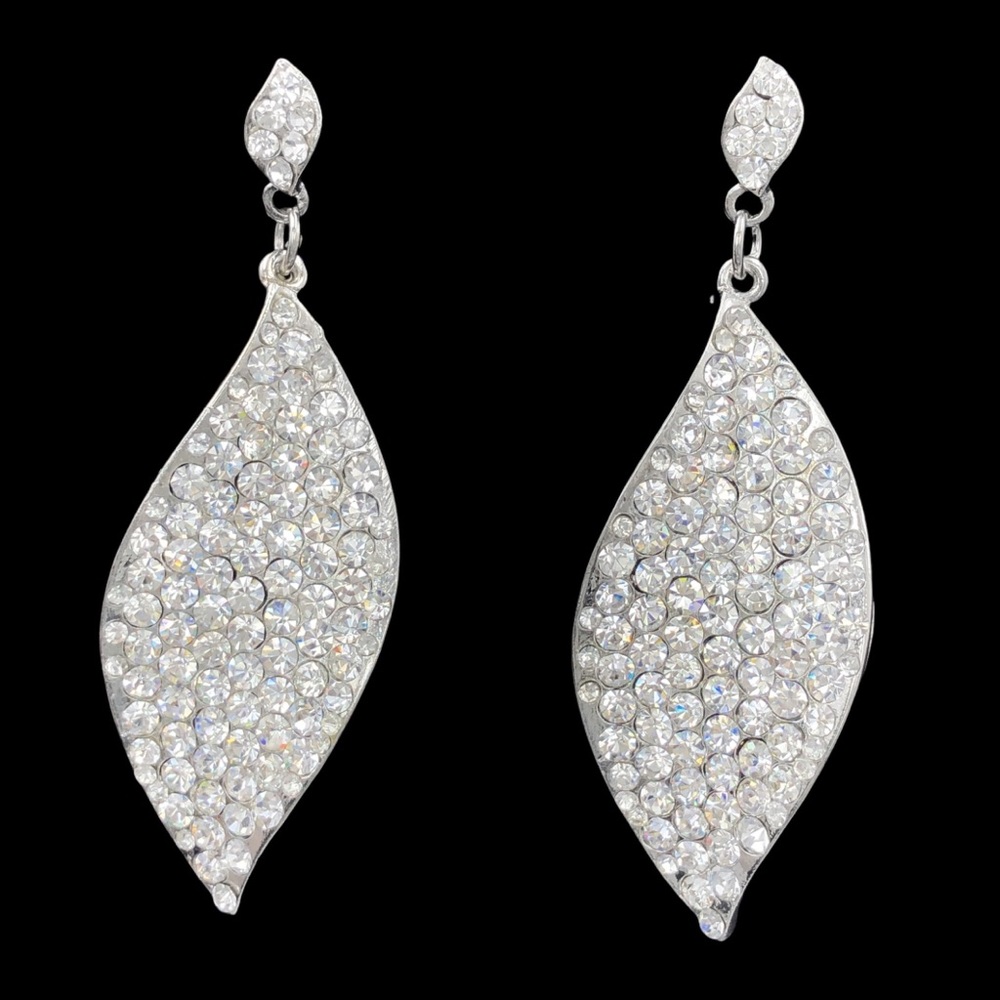 Large Pageant Statement Clear Rhinestones Unique Wave Post Drop Earrings - Picture 1 of 3